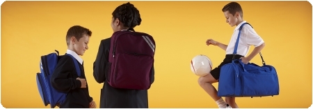 School wear bags, sports bags, book bags, PE bags, pump bags, backpacks, satchells, holdalls in school uniform colours